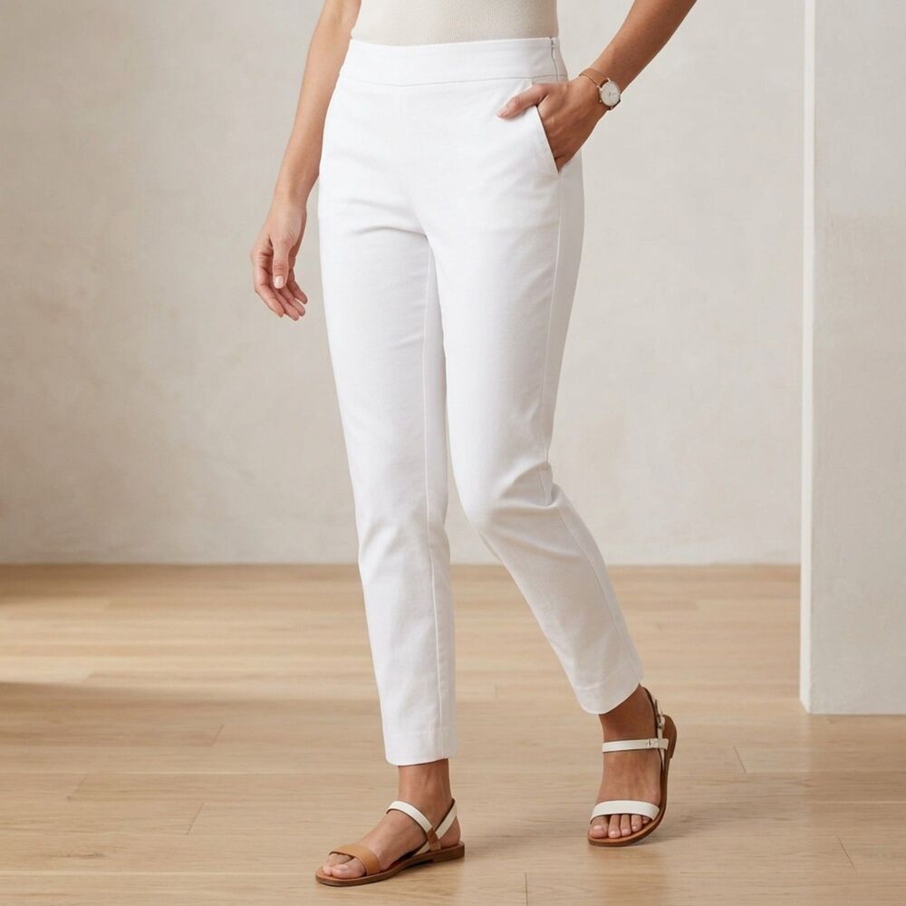 Talbots Womens 14 White Chatham Ankle Pants Stretch Slim Leg Side Zip